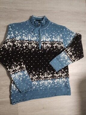 Tally Ho Fair Aisle Blue, Black & White Patterned Zip-Neck Sweater ,size S